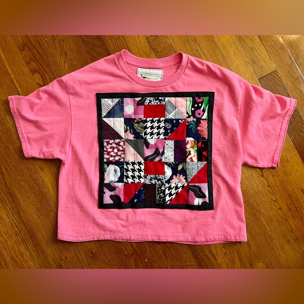 Neon Pink Bright Patchwork Crop Tee - Picture 7 of 16